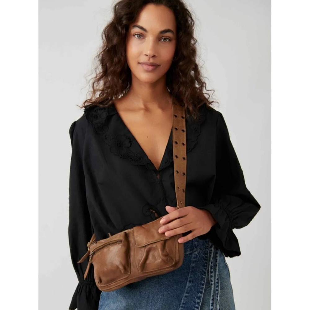 Y2K FREE PEOPLE WADE LEATHER SLING BAG Crossbody Brown Wide Studded Strap